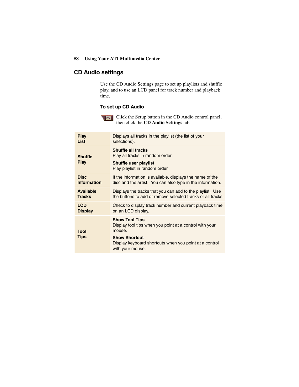 Cd audio settings | ATI Technologies 137-40188-60 User Manual | Page 58 / 96