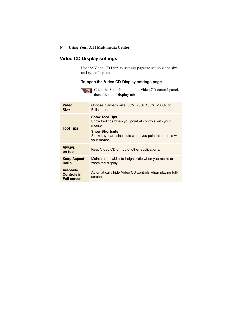 Video cd display settings | ATI Technologies 137-40188-60 User Manual | Page 64 / 96