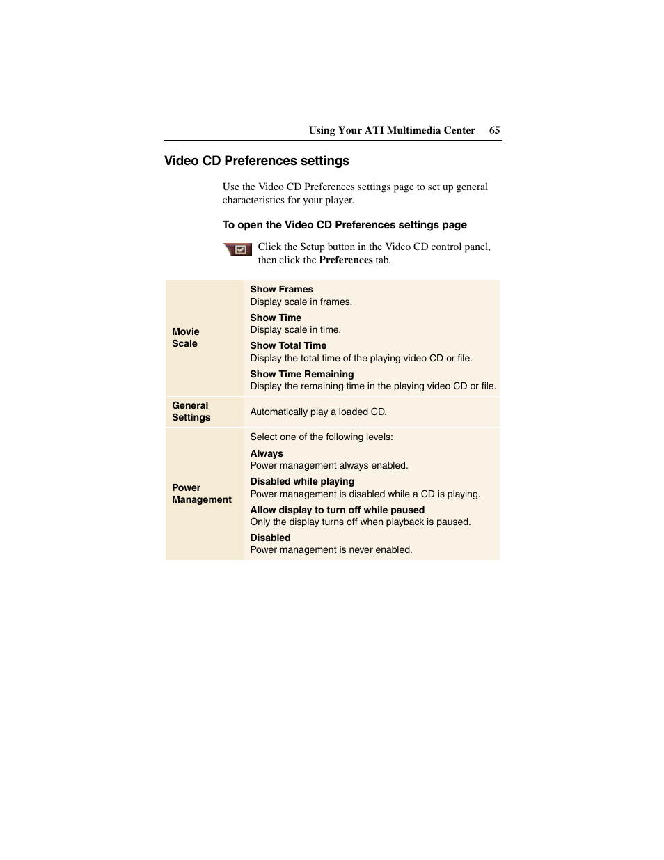 Video cd preferences settings | ATI Technologies 137-40188-60 User Manual | Page 65 / 96