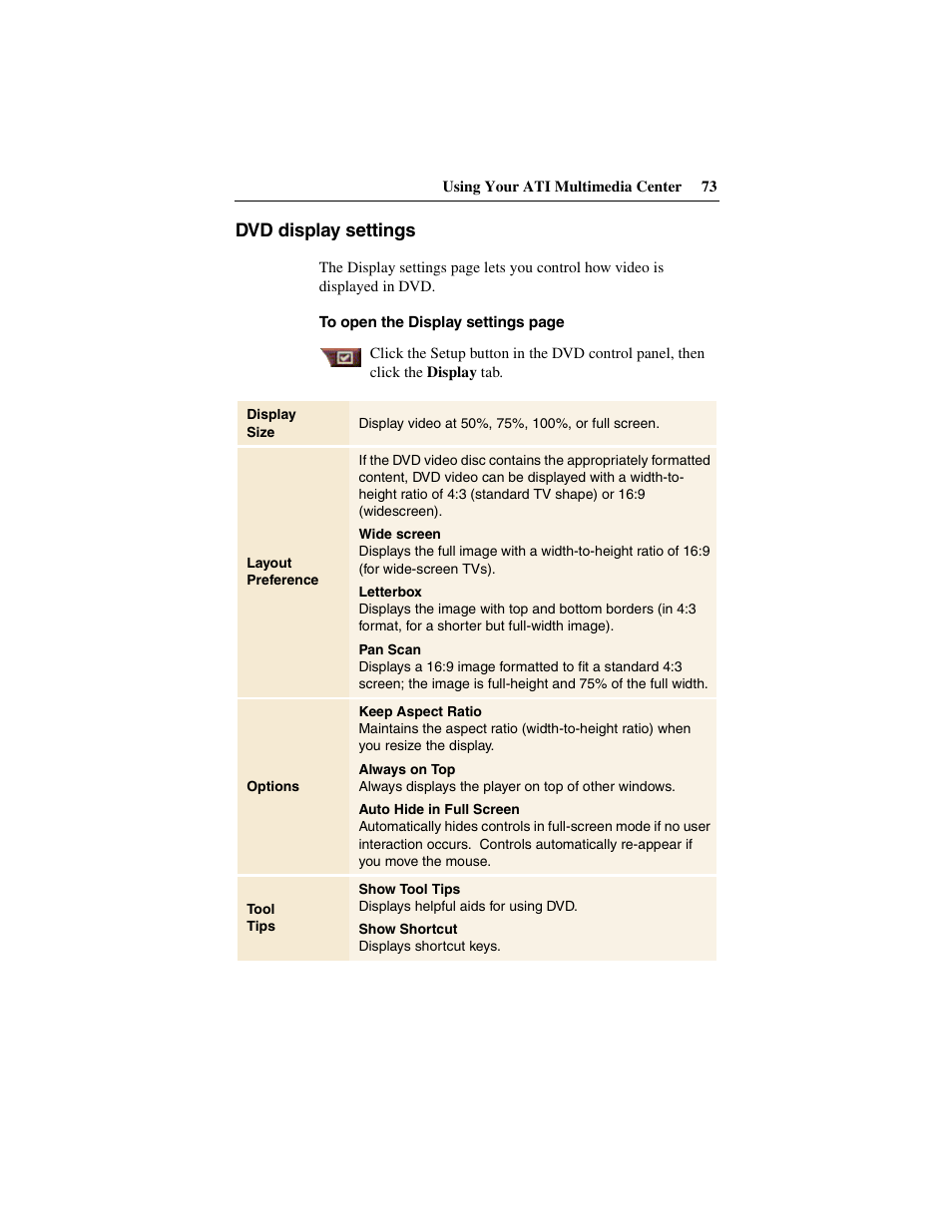 Dvd display settings | ATI Technologies 137-40188-60 User Manual | Page 73 / 96