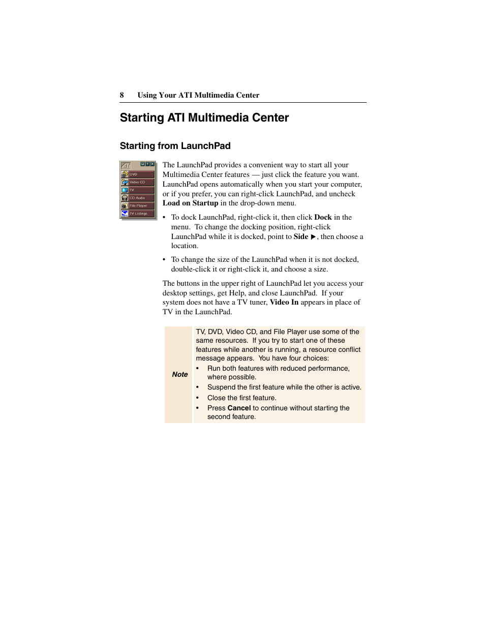 Starting ati multimedia center, Starting from launchpad | ATI Technologies 137-40188-60 User Manual | Page 8 / 96