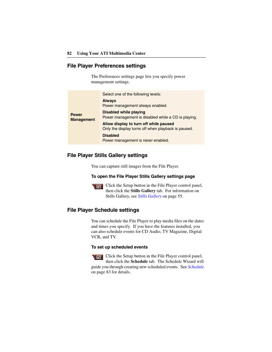 File player preferences settings, File player stills gallery settings, File player schedule settings | ATI Technologies 137-40188-60 User Manual | Page 82 / 96