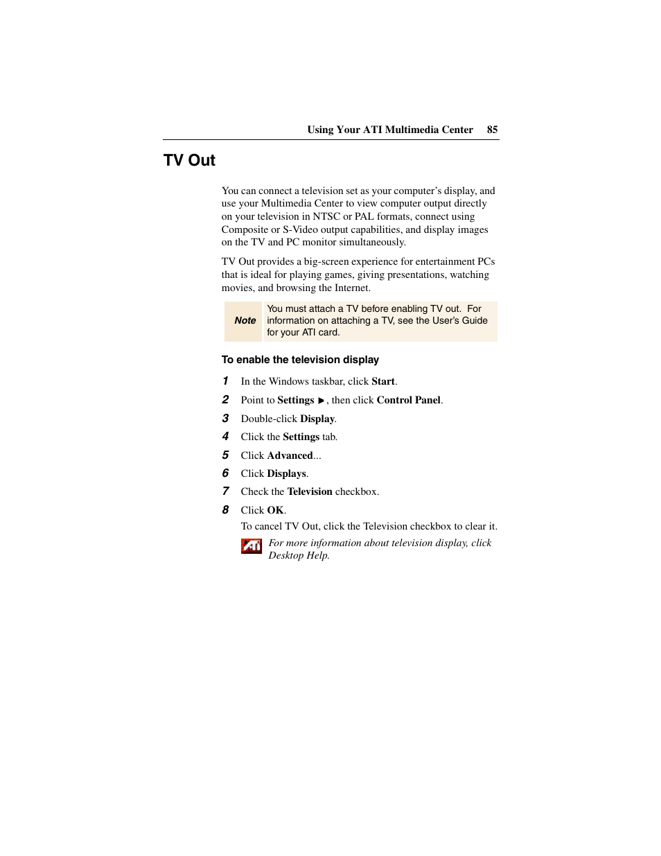 Tv out | ATI Technologies 137-40188-60 User Manual | Page 85 / 96