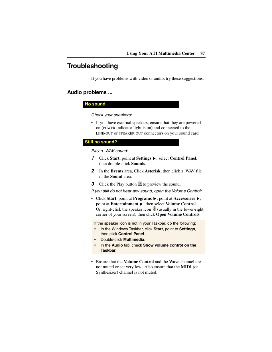 Troubleshooting, Audio problems | ATI Technologies 137-40188-60 User Manual | Page 87 / 96