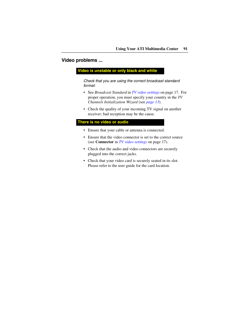 Video problems | ATI Technologies 137-40188-60 User Manual | Page 91 / 96