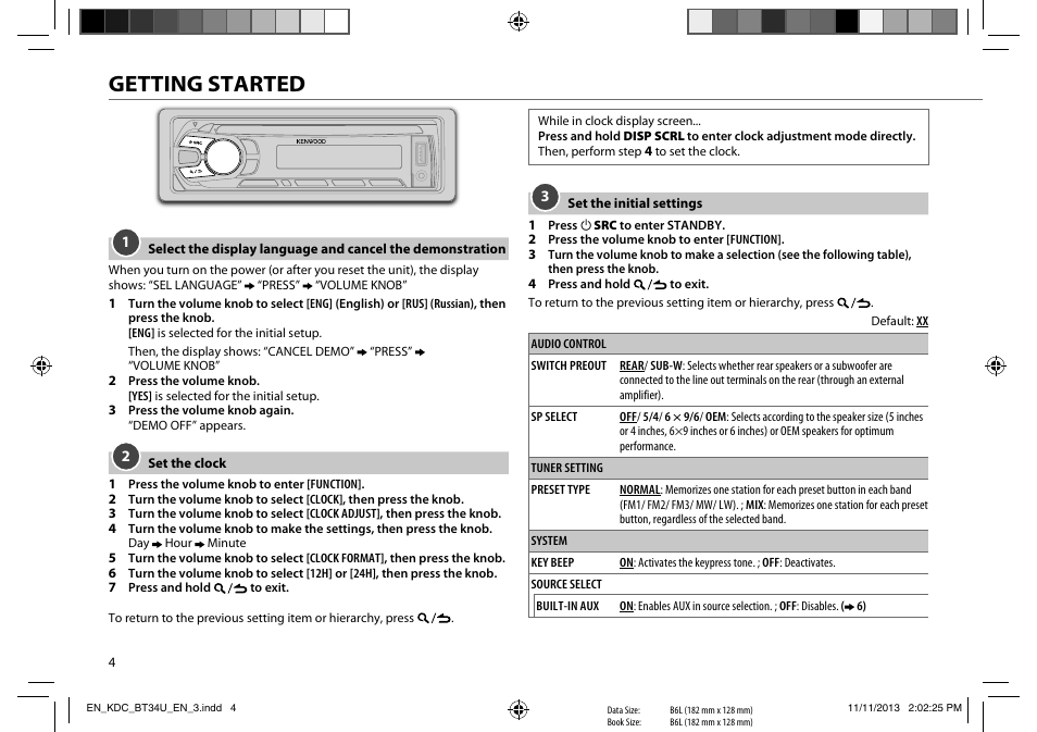 Getting started | Kenwood KDC-BT34U User Manual | Page 6 / 21