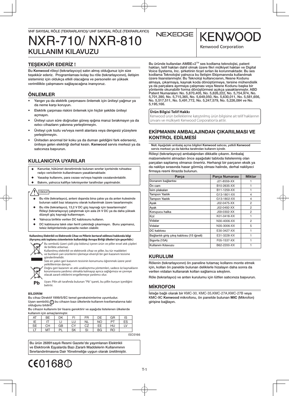 Nxr-70/ nxr-80, Kullanim kilavuzu, Kurulum | Mikrofon, Kullaniciya uyarilar, Teşekkür ederiz, Önlemler | Kenwood NXR-710E User Manual | Page 13 / 16