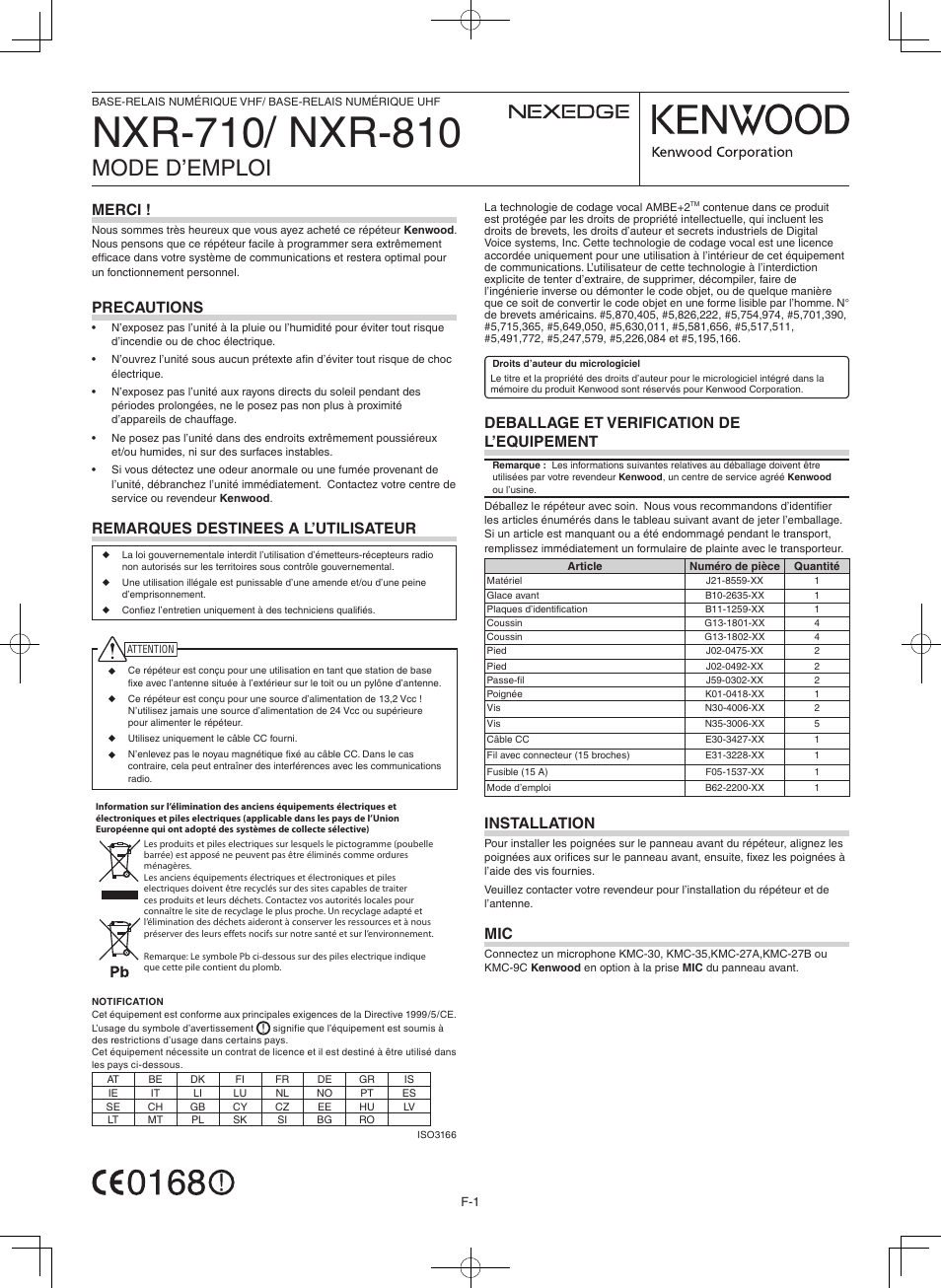 Nxr-70/ nxr-80, Mode d’emploi, Merci | Precautions, Remarques destinees a l’utilisateur, Deballage et verification de l’equipement, Installation | Kenwood NXR-710E User Manual | Page 3 / 16