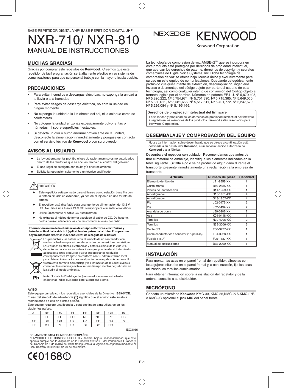 Nxr-70/ nxr-80, Manual de instrucctiones, Muchas gracias | Precauciones, Avisos al usuario, Desembalaje y comprobación del equipo, Instalación, Micrófono | Kenwood NXR-710E User Manual | Page 5 / 16