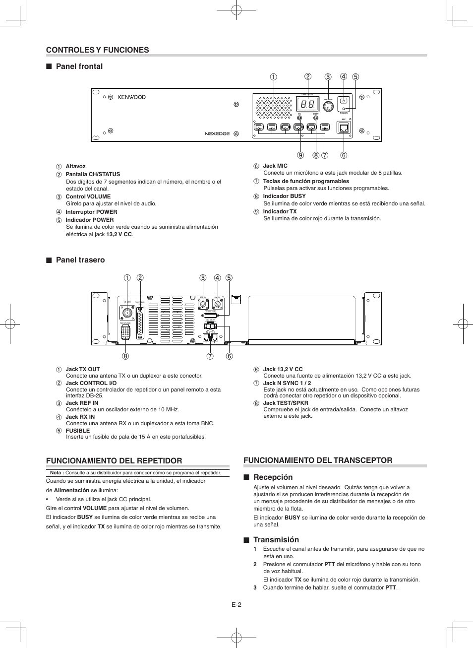 Funcionamiento del repetidor, Panel trasero, Controles y funciones ■ panel frontal | Funcionamiento del transceptor ■ recepción, Transmisión | Kenwood NXR-710E User Manual | Page 6 / 16