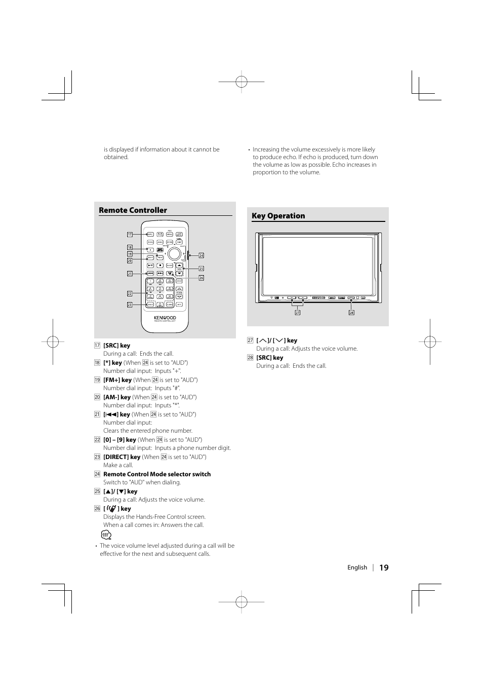 Remote controller, Key operation | Kenwood KCA-BT200 User Manual | Page 19 / 27