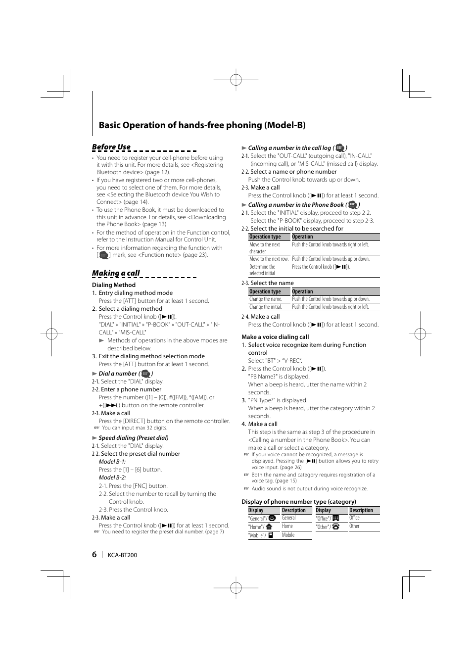 Basic operation of hands-free phoning (model-b), Before use, Making a call | Kenwood KCA-BT200 User Manual | Page 6 / 27