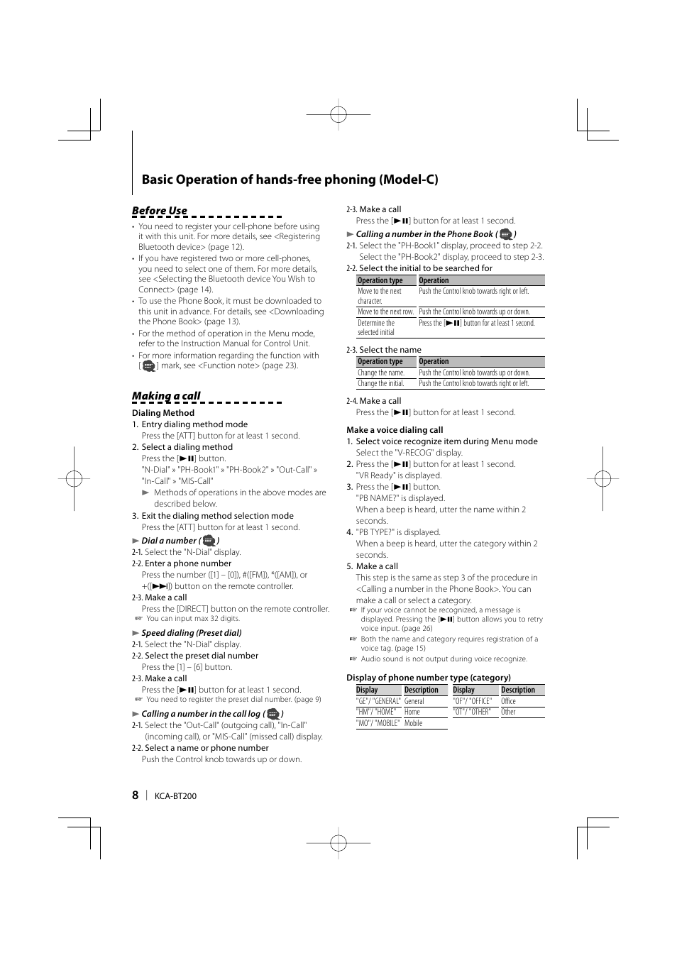 Basic operation of hands-free phoning (model-c), Before use, Making a call | Kenwood KCA-BT200 User Manual | Page 8 / 27