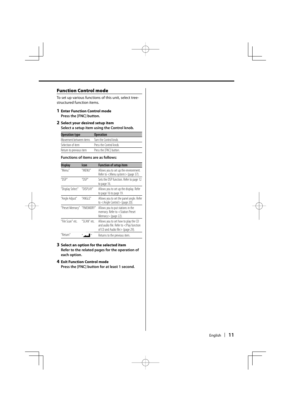 Function control mode | Kenwood KDC-W9537U User Manual | Page 11 / 56