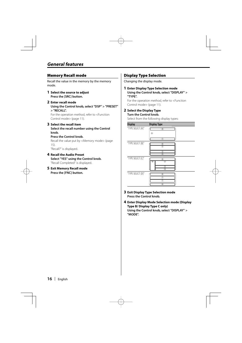 General features, Display type selection | Kenwood KDC-W9537U User Manual | Page 16 / 56