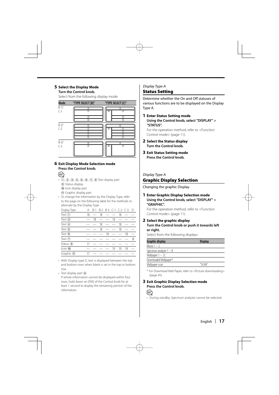 Status setting, Graphic display selection | Kenwood KDC-W9537U User Manual | Page 17 / 56