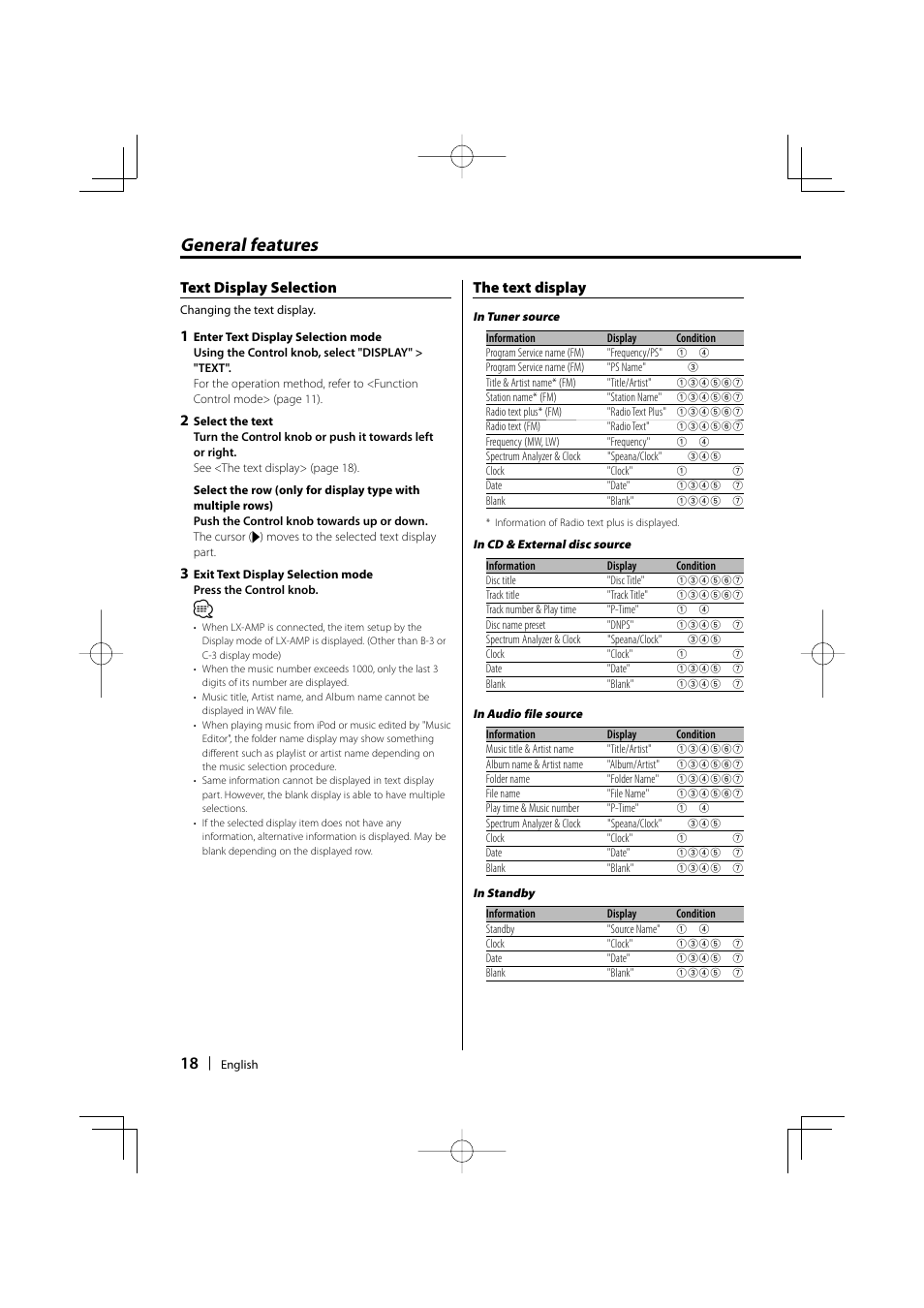 General features, The text display, Text display selection | Kenwood KDC-W9537U User Manual | Page 18 / 56