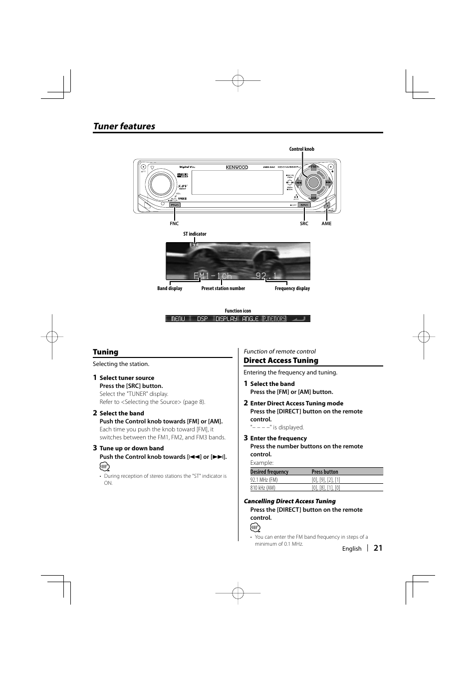 Tuner features, Tuning, Direct access tuning | Kenwood KDC-W9537U User Manual | Page 21 / 56