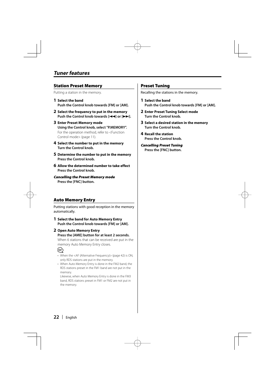 Tuner features | Kenwood KDC-W9537U User Manual | Page 22 / 56