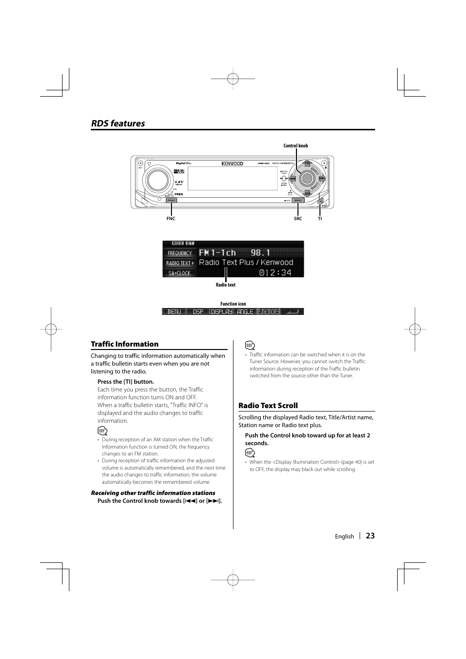 Rds features, Traffic information, Radio text scroll | Kenwood KDC-W9537U User Manual | Page 23 / 56