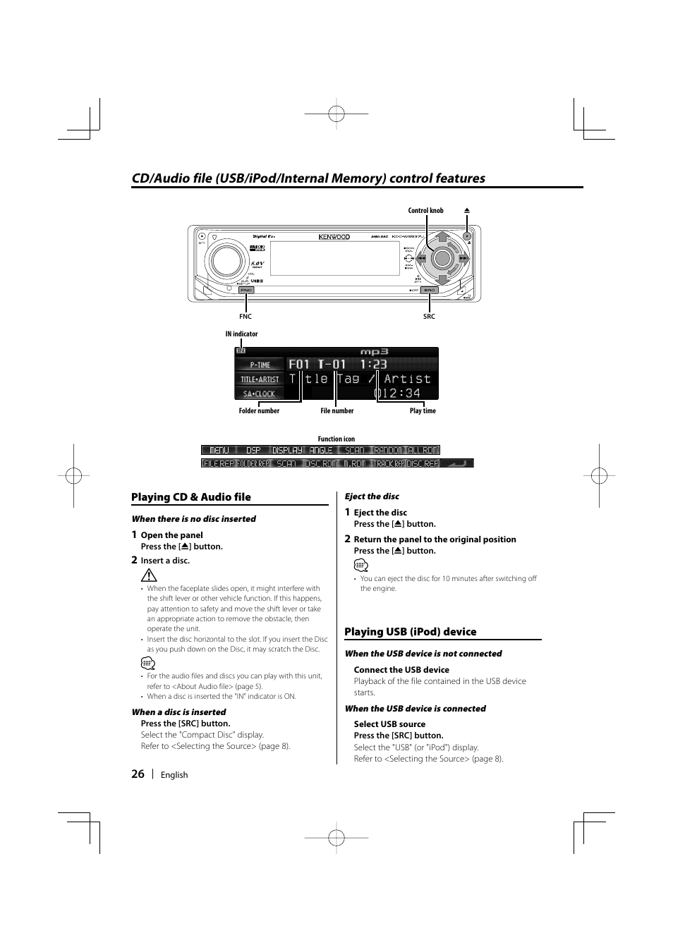 Playing cd & audio file, Playing usb (ipod) device | Kenwood KDC-W9537U User Manual | Page 26 / 56