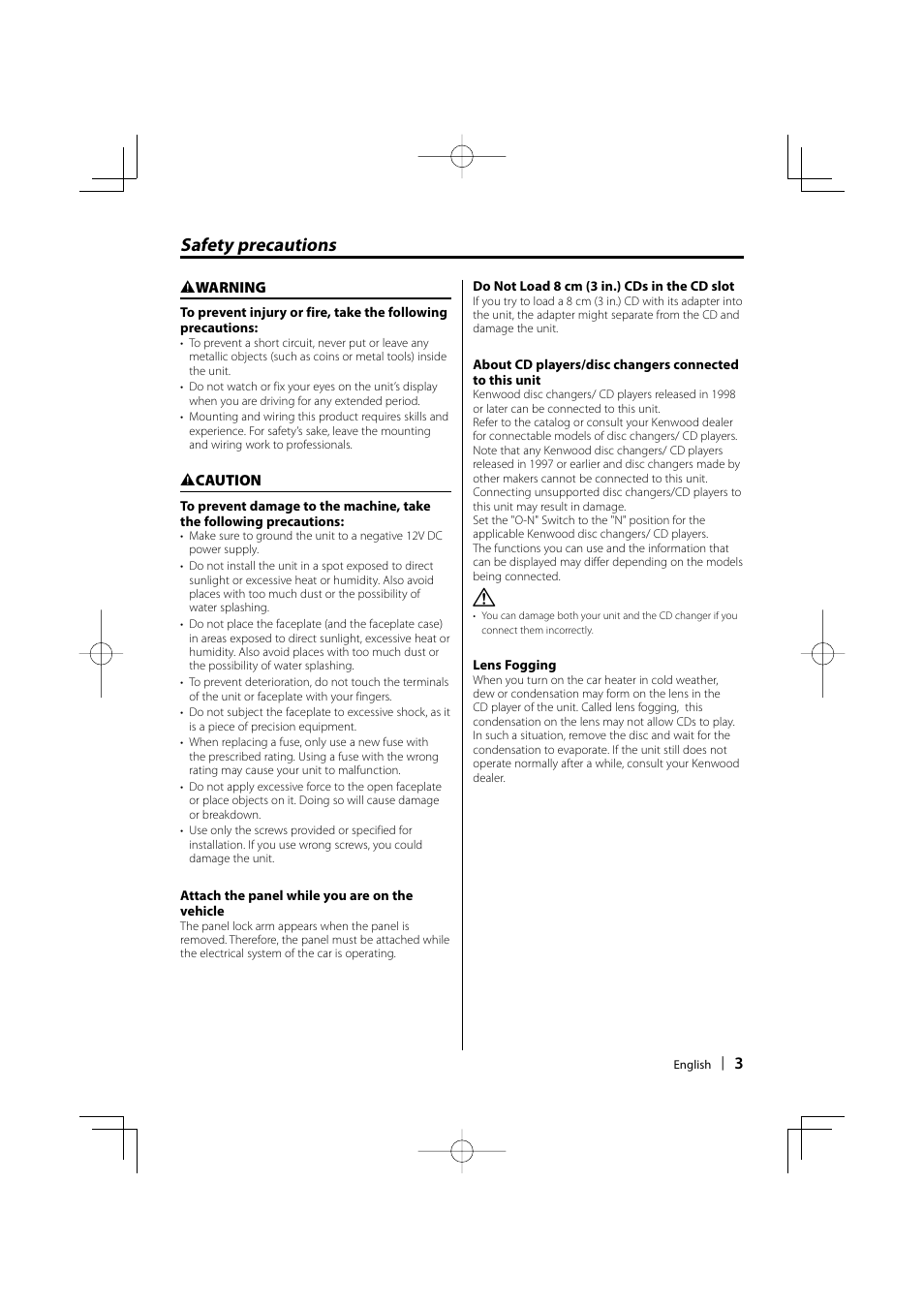 Safety precautions | Kenwood KDC-W9537U User Manual | Page 3 / 56