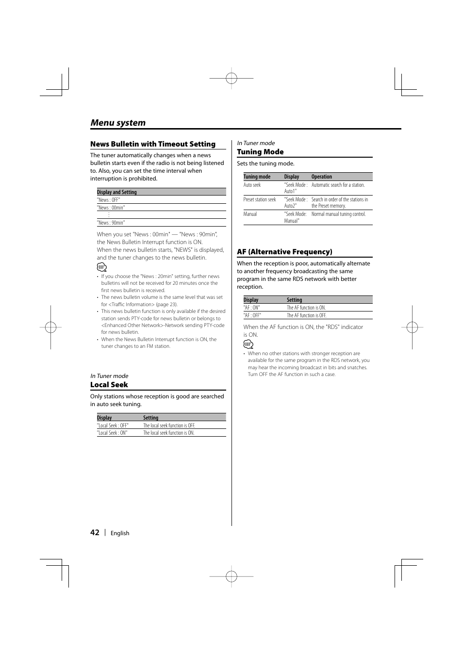 Menu system, Local seek, Tuning mode | Af (alternative frequency), News bulletin with timeout setting | Kenwood KDC-W9537U User Manual | Page 42 / 56