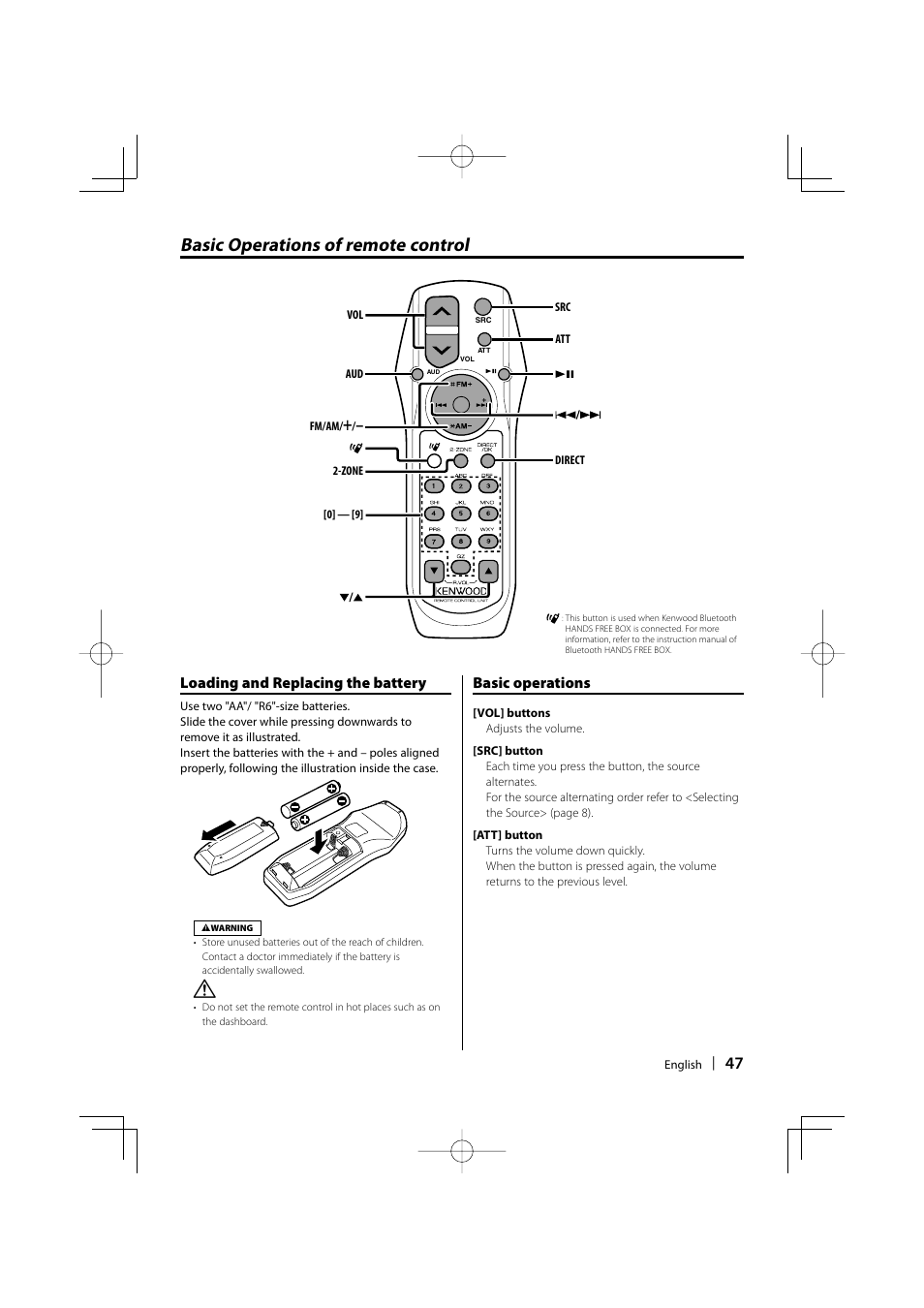 Basic operations of remote control, Loading and replacing the battery, Basic operations | Kenwood KDC-W9537U User Manual | Page 47 / 56