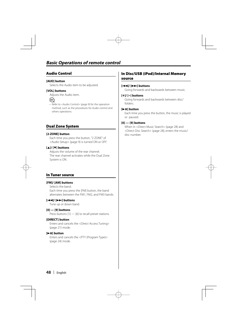 Basic operations of remote control | Kenwood KDC-W9537U User Manual | Page 48 / 56