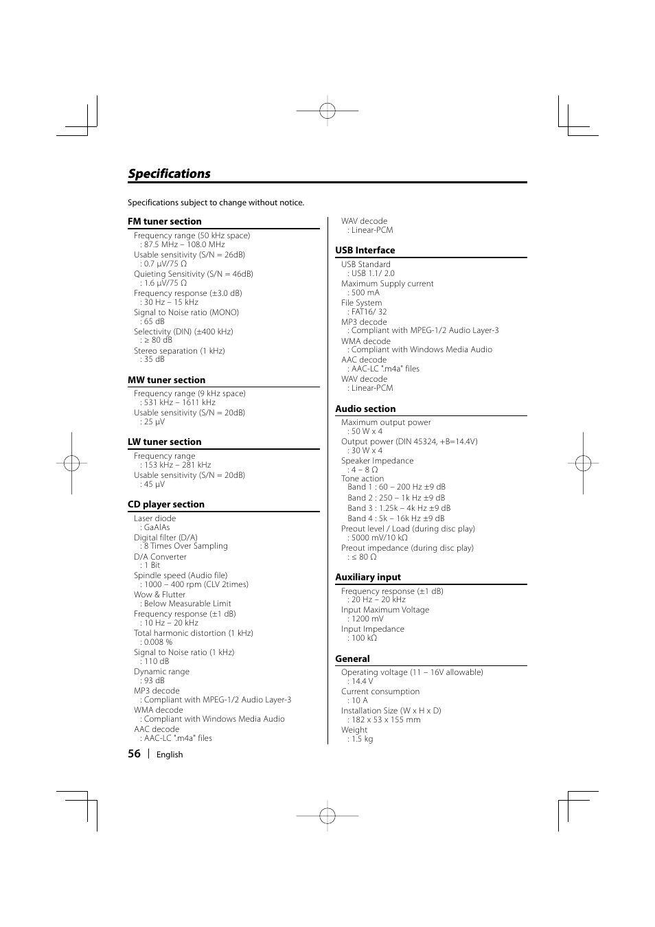 Specifications | Kenwood KDC-W9537U User Manual | Page 56 / 56