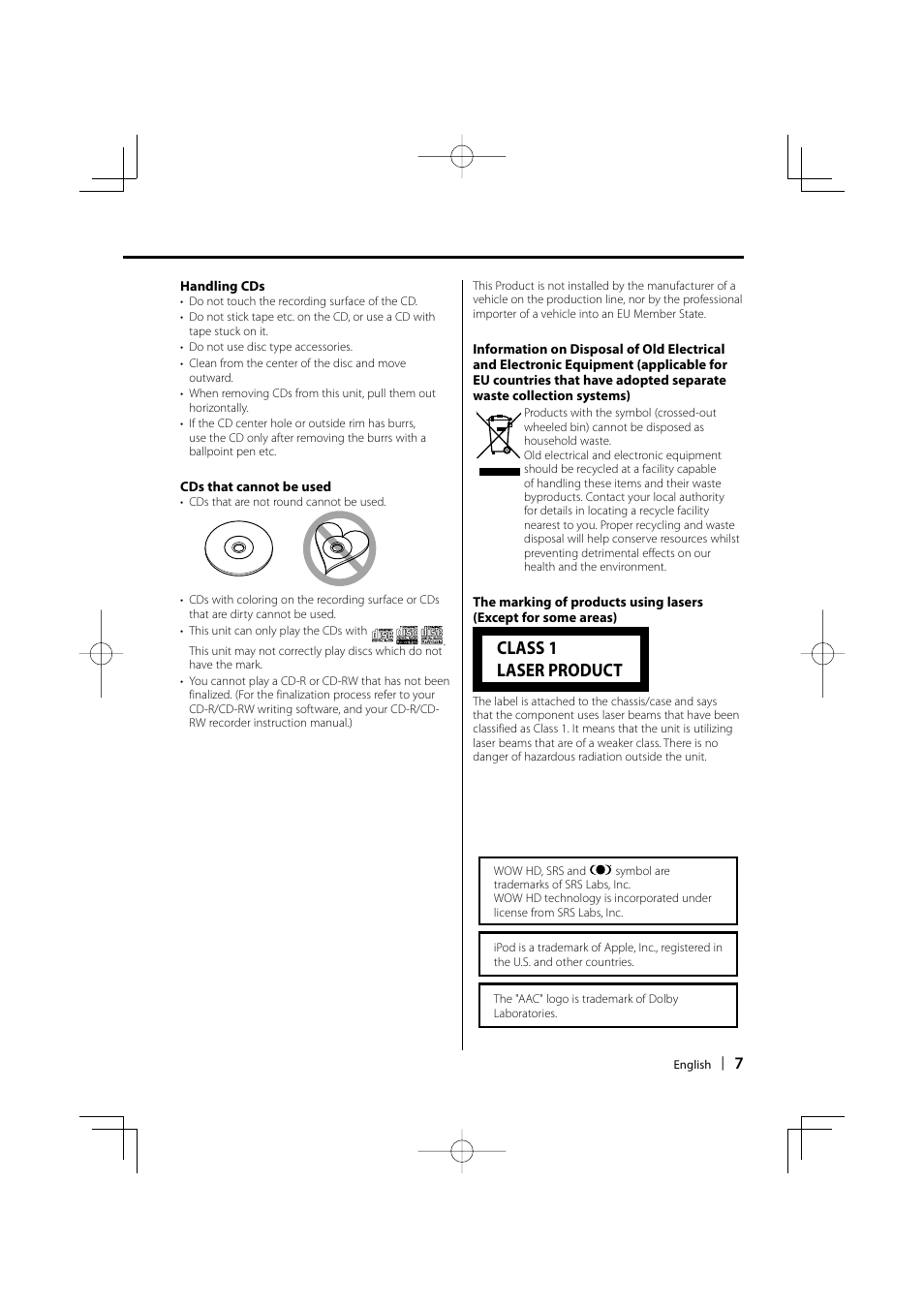 Class 1 laser product | Kenwood KDC-W9537U User Manual | Page 7 / 56