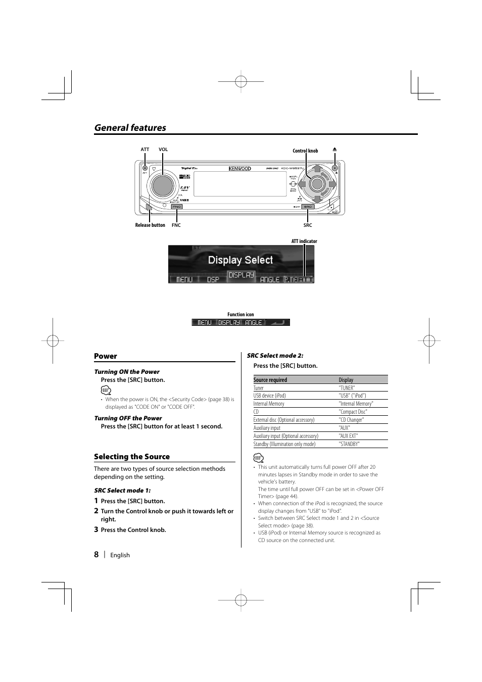 General features, Power, Selecting the source | Kenwood KDC-W9537U User Manual | Page 8 / 56