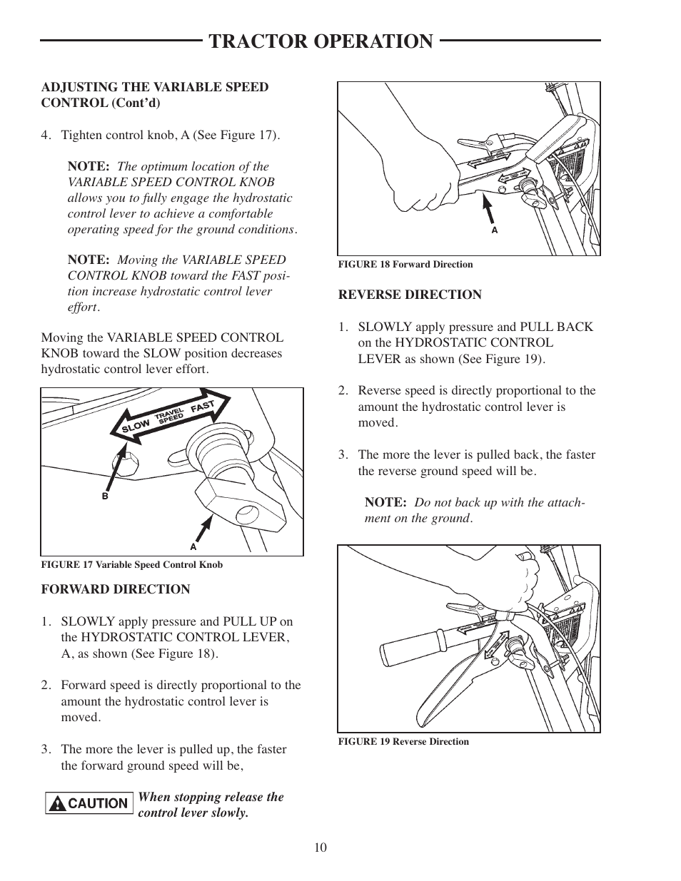 Variable speed control knob, Forward direction, Reverse direction | Swing control lever disengaged, Stop position, Swing control lever engaged, Tractor operation | ATI Technologies Preseeder 365 User Manual | Page 16 / 29