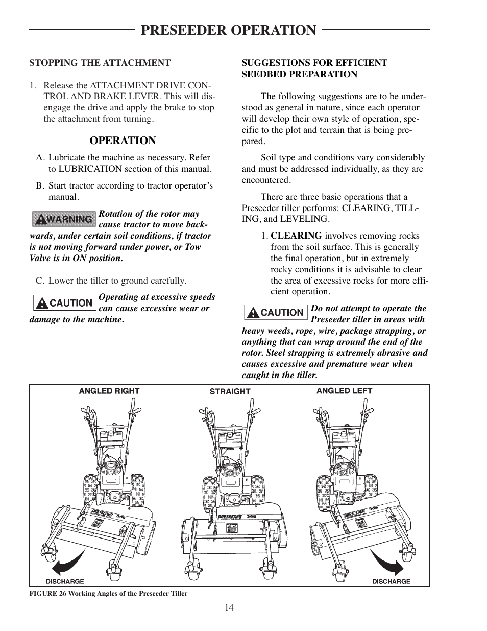 Working angles of the preseeder tiller, Preseeder operation | ATI Technologies Preseeder 365 User Manual | Page 20 / 29