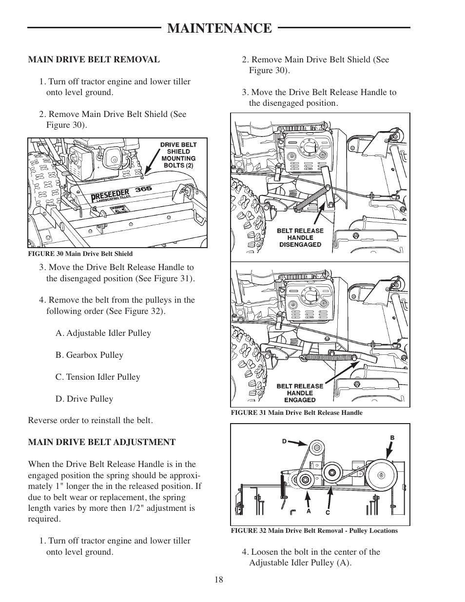 Maintenance, Main drive belt shield, Main drive belt release handle | Main drive belt removal - pulley locations, Drive chain adjustment | ATI Technologies Preseeder 365 User Manual | Page 24 / 29