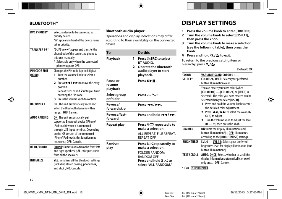 Display settings | Kenwood KMM-BT34 User Manual | Page 14 / 21