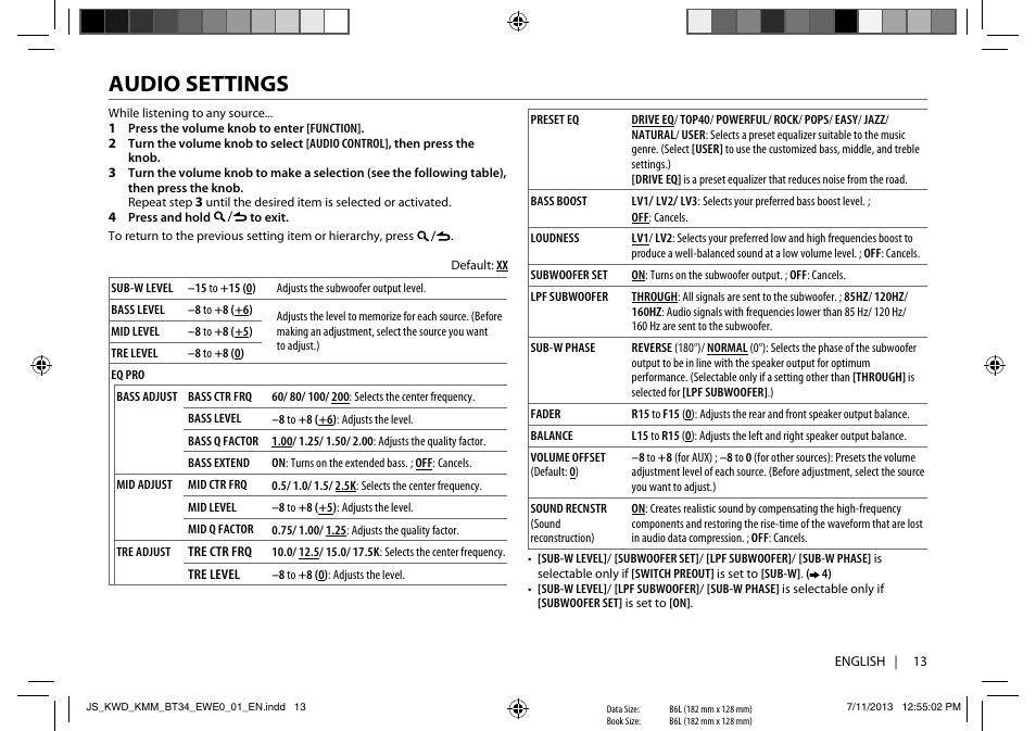 Audio settings | Kenwood KMM-BT34 User Manual | Page 15 / 21