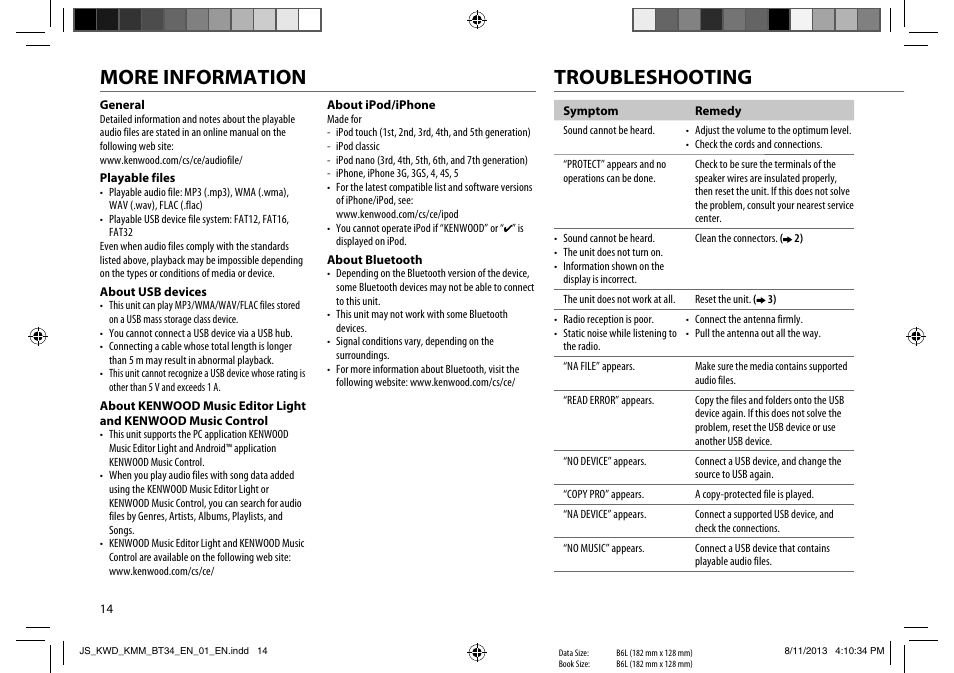 More information, Troubleshooting | Kenwood KMM-BT34 User Manual | Page 16 / 21