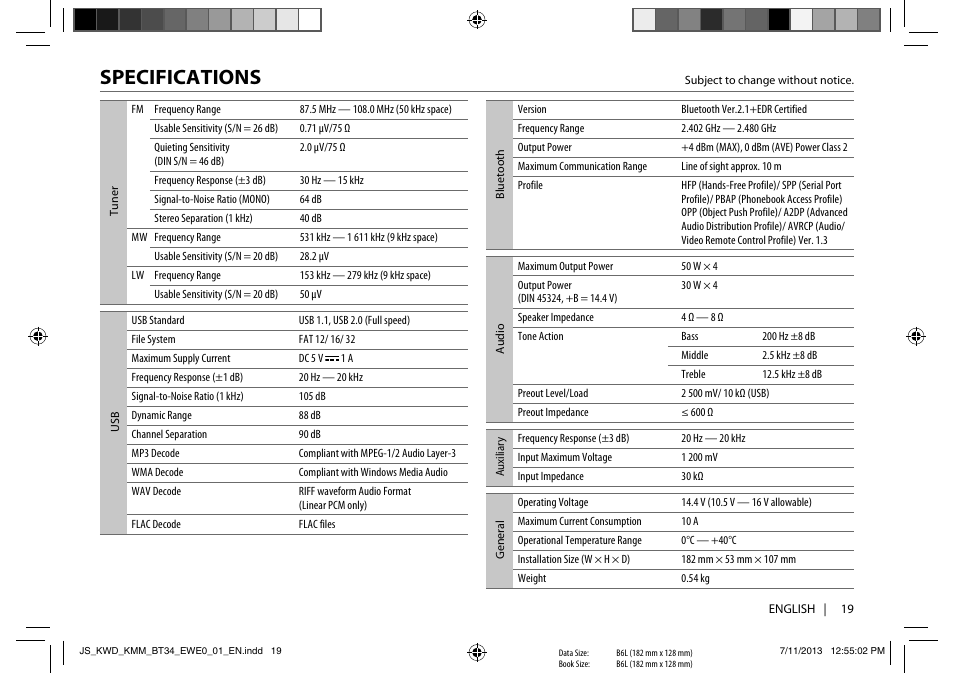 Specifications | Kenwood KMM-BT34 User Manual | Page 21 / 21