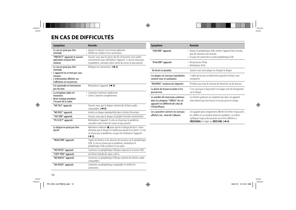 En cas de difficultés | Kenwood KDC-U41R User Manual | Page 12 / 64