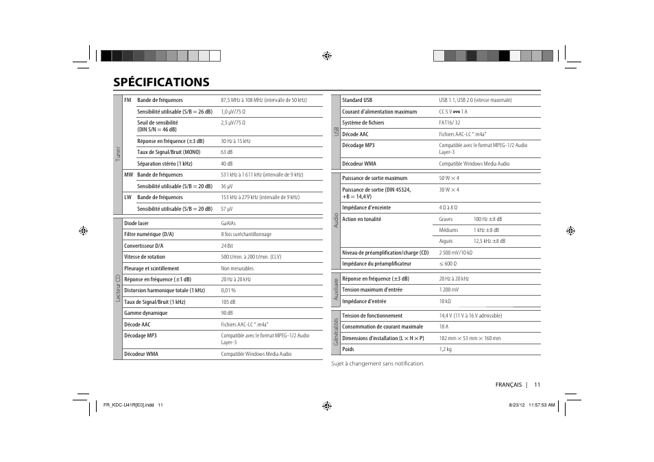 Spécifications | Kenwood KDC-U41R User Manual | Page 13 / 64