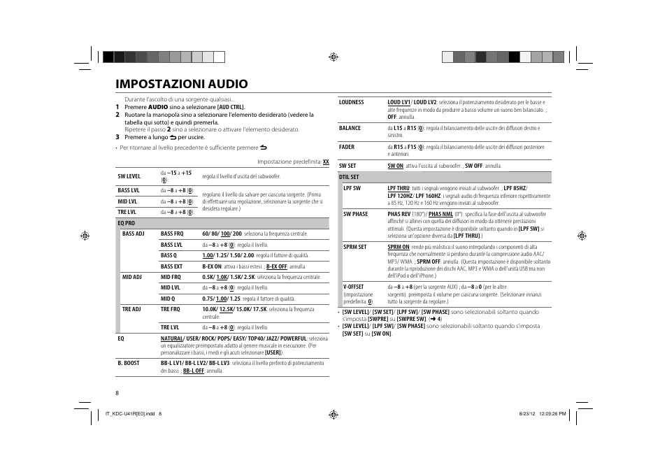 Impostazioni audio | Kenwood KDC-U41R User Manual | Page 34 / 64