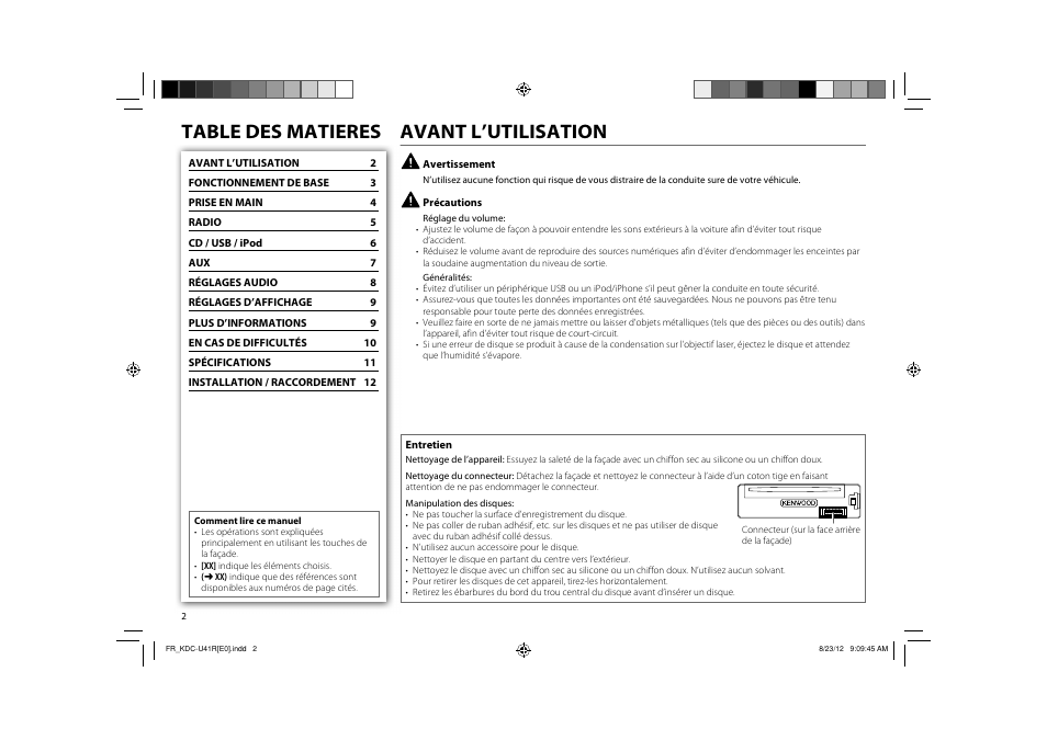 Table des matieres avant l’utilisation | Kenwood KDC-U41R User Manual | Page 4 / 64