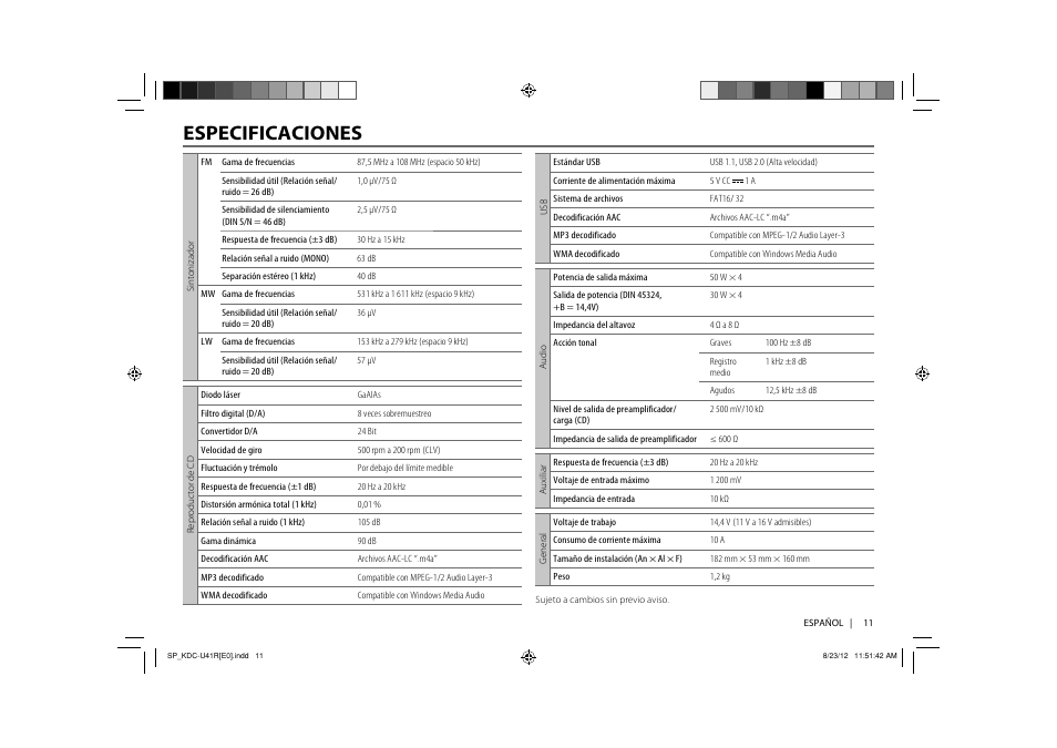 Especificaciones | Kenwood KDC-U41R User Manual | Page 49 / 64