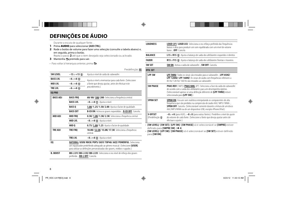 Definições de áudio | Kenwood KDC-U41R User Manual | Page 58 / 64