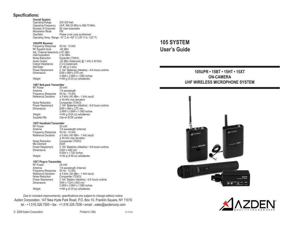 Azden 15BT User Manual | 4 pages