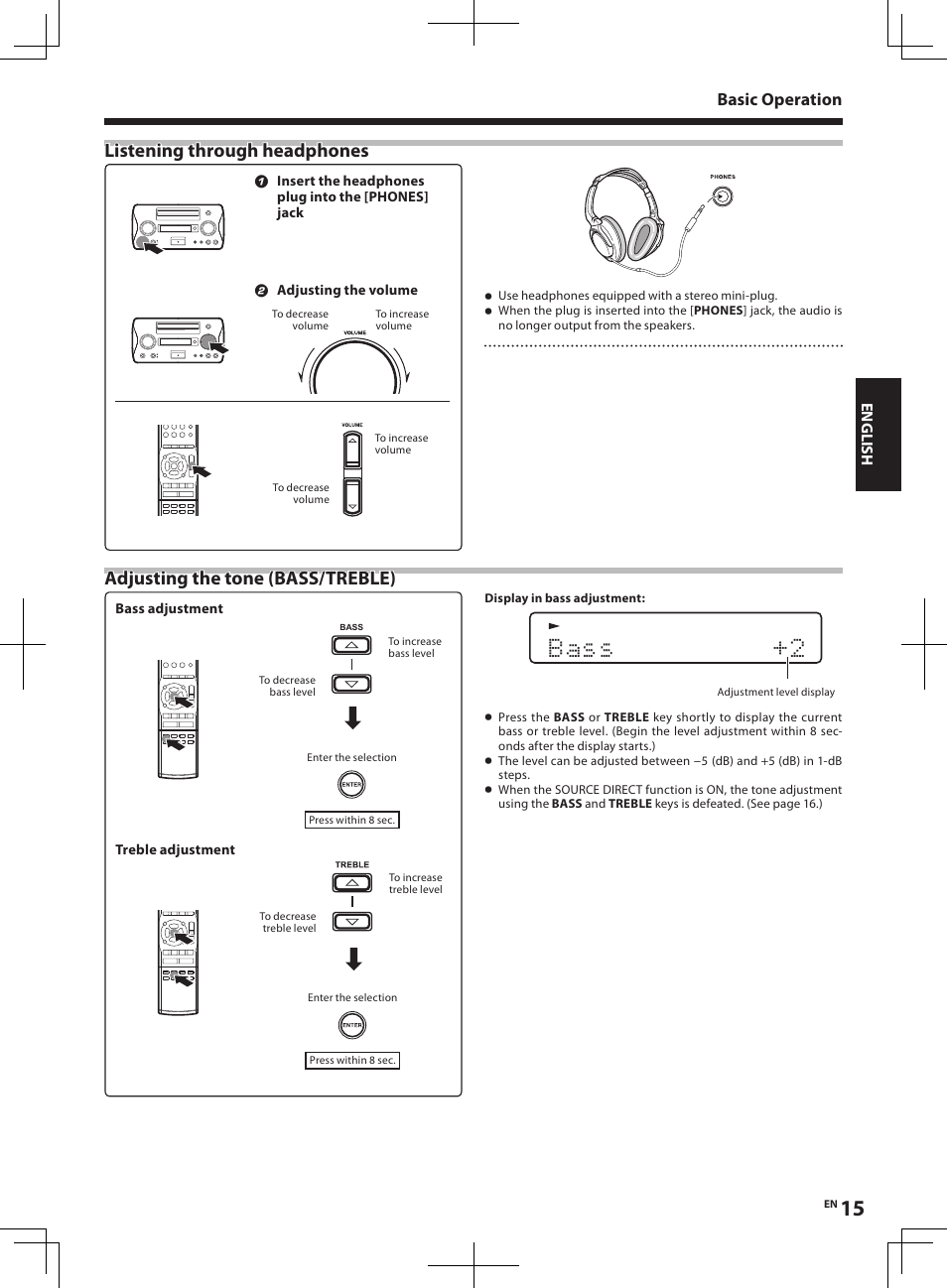 Listening through headphones, Adjusting the tone (bass/treble), Basic operation | Kenwood R-K1 User Manual | Page 15 / 40