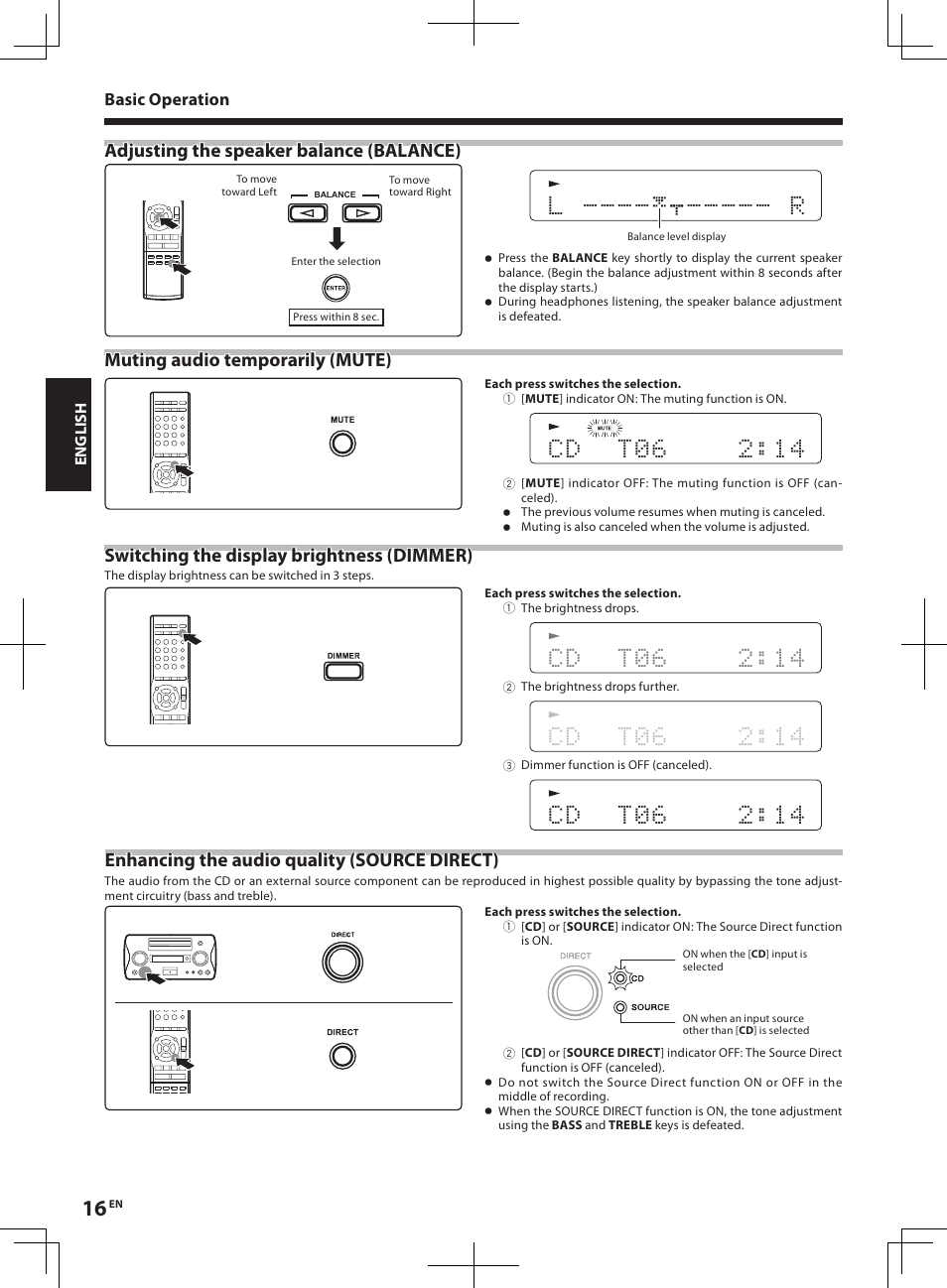 L - - - - - - - - - r, Switching the display brightness (dimmer), Muting audio temporarily (mute) | Kenwood R-K1 User Manual | Page 16 / 40