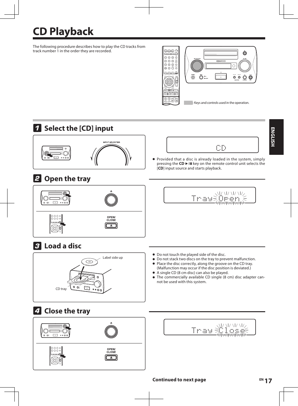 Cd playback, Select the [cd] input, Open the tray | Load a disc, Close the tray | Kenwood R-K1 User Manual | Page 17 / 40