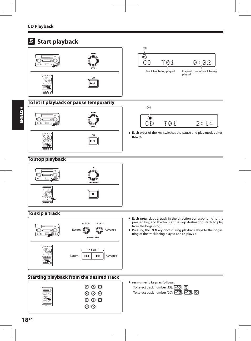 Start playback, Starting playback from the desired track | Kenwood R-K1 User Manual | Page 18 / 40